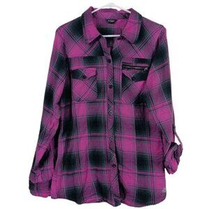 Fox Racing Womens XL Pink & Black Plaid Button Up Shirt Roll Tab Sleeves